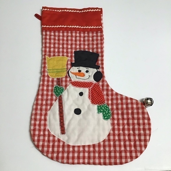 Vintage 80s Snowman Christmas Stocking Quilted Applique Handmade Red Gingham 18” - Picture 1 of 6